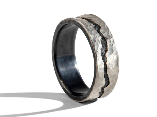 Platinum and Oxidized Silver Channel Men's Wedding Band