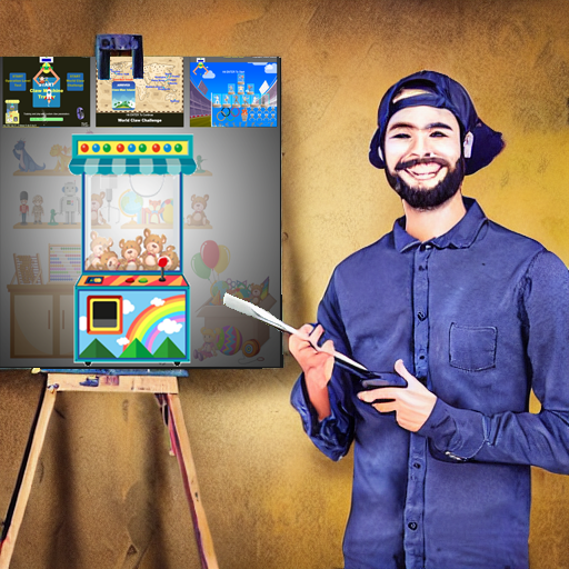 claw man - a painter portrait with claw machine and prize