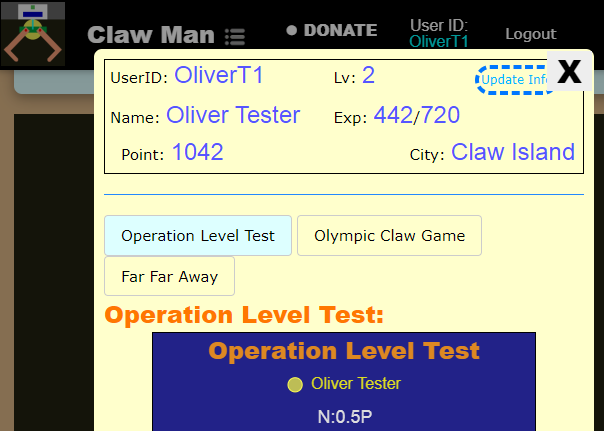 Clawman claw machine user status windows about level and experience points